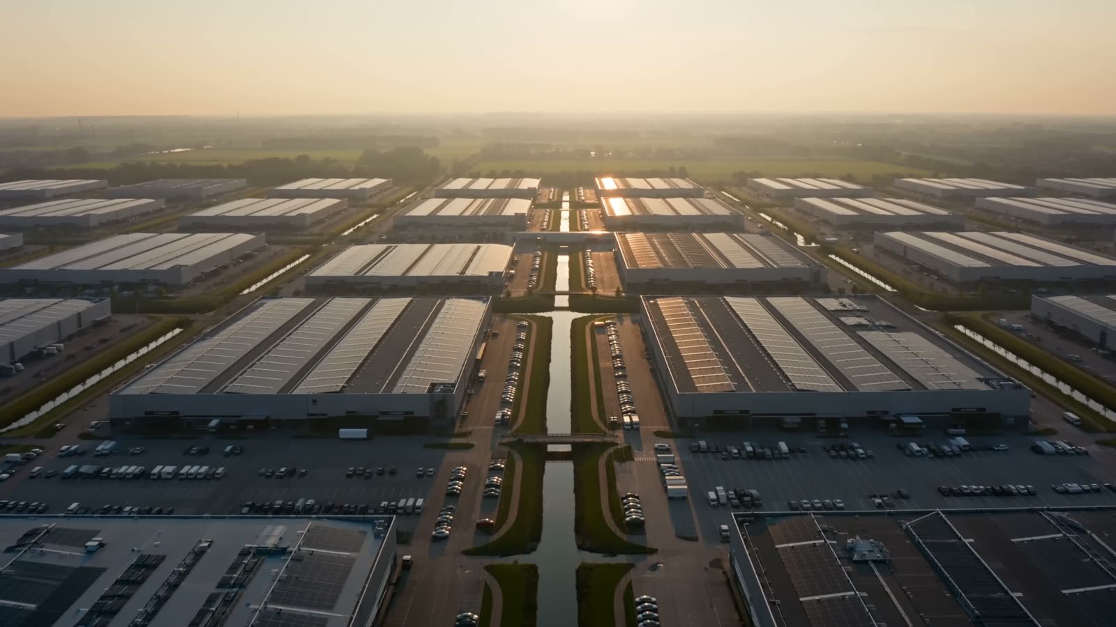 Aerial view over a modern Dutch logistics park at golden hour
