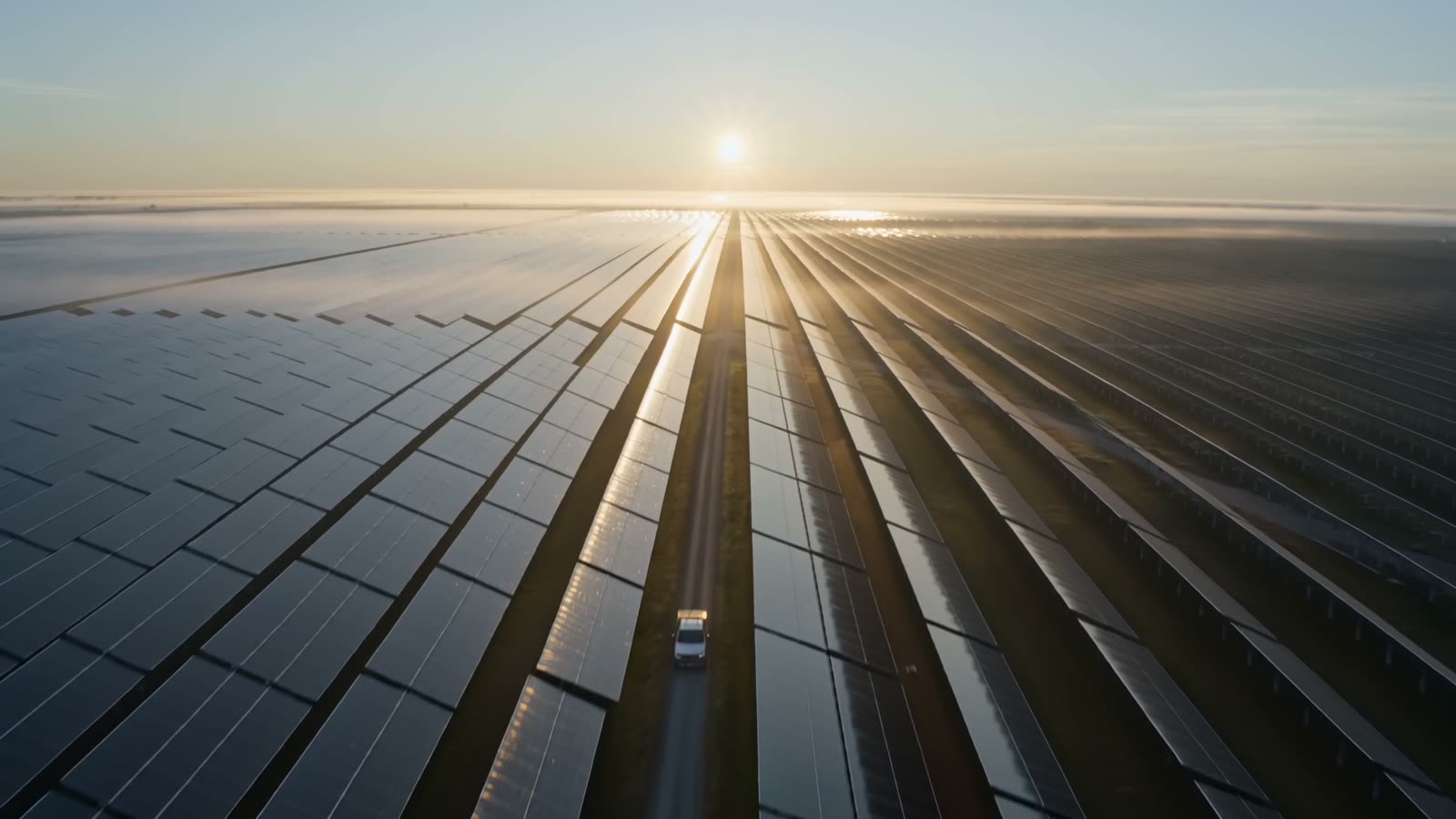Dawn over a utility-scale solar farm, panel rows to the horizon